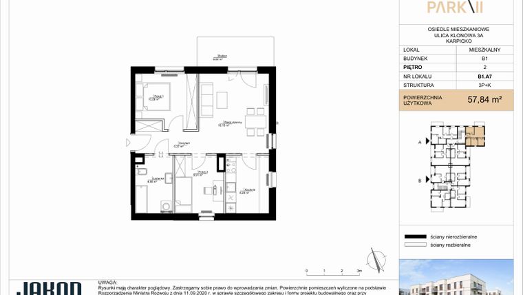 Rzut - Mieszkanie na sprzedaż 3 pokoje o powierzchni 57,84 m² - numer B1.A7 w Merano Park II