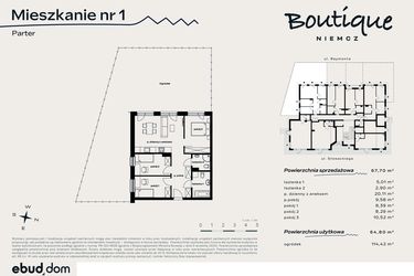 Rzut - Mieszkanie na sprzedaż 4 pokoje o powierzchni 64,8 m² - numer 1 w Boutique NIEMCZ