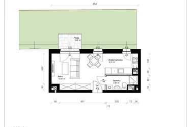 Rzut - Mieszkanie na sprzedaż 1 pokój o powierzchni 29,39 m² - numer B.0.06.1k w ATRIUM
