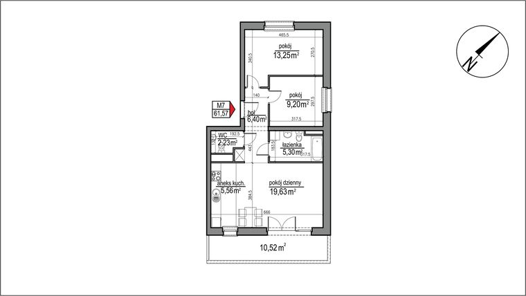 Rzut - Mieszkanie na sprzedaż 3 pokoje o powierzchni 61,57 m² - numer 4 m. 7 w Osiedle Rytm etap 3