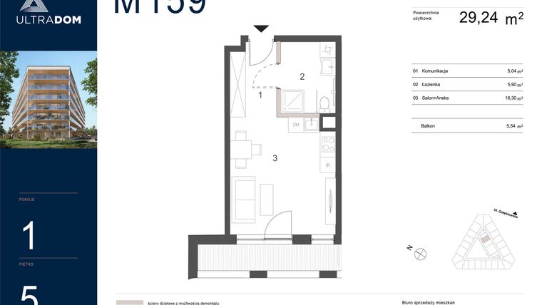 Rzut - Mieszkanie na sprzedaż 1 pokój o powierzchni 29,24 m² - numer M159 w Ultradom