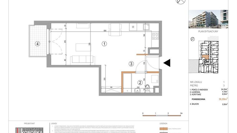 Rzut - Mieszkanie na sprzedaż 1 pokój o powierzchni 36,99 m² - numer A3/1 w 5th Avenue Apartments