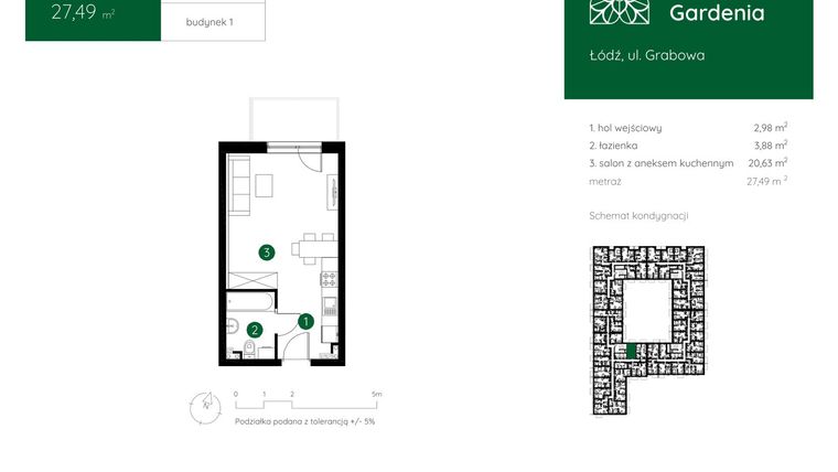 Rzut - Mieszkanie na sprzedaż 1 pokój o powierzchni 27,49 m² - numer 1.A.1.01 w Murapol Gardenia