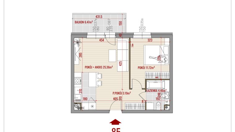 Rzut - Mieszkanie na sprzedaż 2 pokoje o powierzchni 44,73 m² - numer 85 w Zalesie