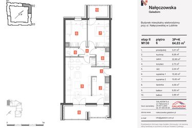 Rzut - Mieszkanie na sprzedaż 3 pokoje o powierzchni 64,03 m² - numer M-130 w Nałęczowska etap II