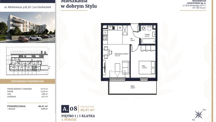 Rzut - Mieszkanie na sprzedaż 2 pokoje o powierzchni 40,41 m² - numer A8 w Mickiewicza