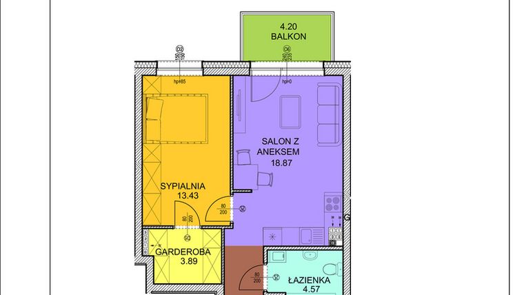Rzut - Mieszkanie na sprzedaż 2 pokoje o powierzchni 46,24 m² - numer D13 w Osiedle Zuchów