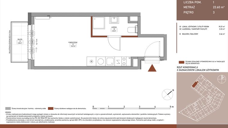Rzut - Mieszkanie na sprzedaż 1 pokój o powierzchni 22,6 m² - numer B.4.43 w Żurawie - etap II