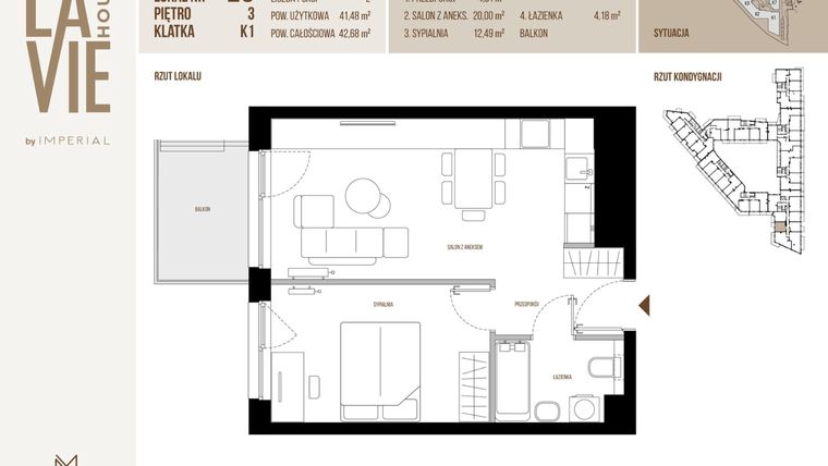 Rzut - Mieszkanie na sprzedaż 2 pokoje o powierzchni 41,48 m² - numer 25 w La Vie House