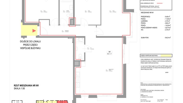 Rzut - Mieszkanie na sprzedaż 4 pokoje o powierzchni 84,24 m² - numer M1 w Pękowicka 96