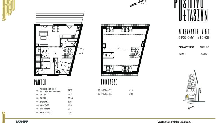 Rzut - Mieszkanie na sprzedaż 5 pokoi o powierzchni 126,07 m² - numer A.5.1 w Positivo Ołtaszyn