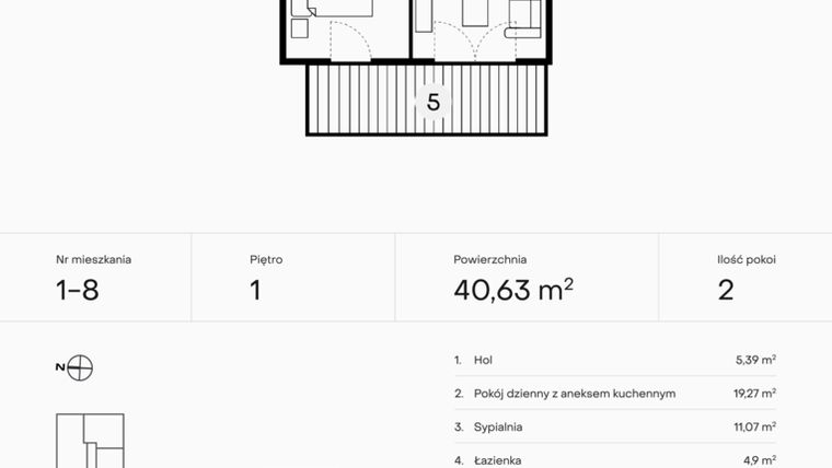 Rzut - Mieszkanie na sprzedaż 2 pokoje o powierzchni 40,63 m² - numer 1-8 w Pączka 1