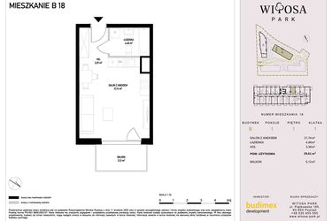 Rzut - Mieszkanie na sprzedaż 1 pokój o powierzchni 29,61 m² - numer B18 w Witosa Park