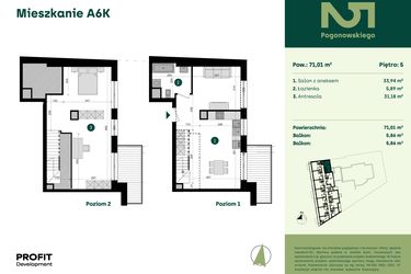 Rzut - Mieszkanie na sprzedaż 1 pokój o powierzchni 71,01 m² - numer POGO2/A/6K w Pogonowskiego 52