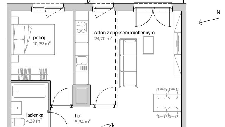 Rzut - Mieszkanie na sprzedaż 2 pokoje o powierzchni 44,82 m² - numer A.03.034 w Unii Lubelskiej Vita