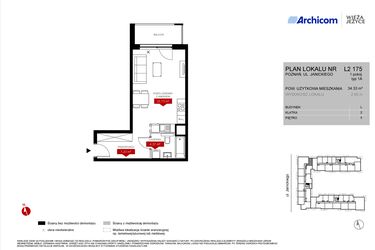Rzut - Mieszkanie na sprzedaż 1 pokój o powierzchni 34,33 m² - numer L2.175 w Wieża Jeżyce etap VI
