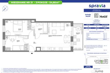 Rzut - Mieszkanie na sprzedaż 3 pokoje o powierzchni 54,66 m² - numer 1/21 w Osiedle Motiff