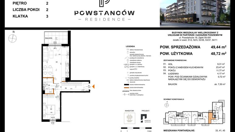 Rzut - Mieszkanie na sprzedaż 2 pokoje o powierzchni 49,44 m² - numer 37 w Powstańców Residence