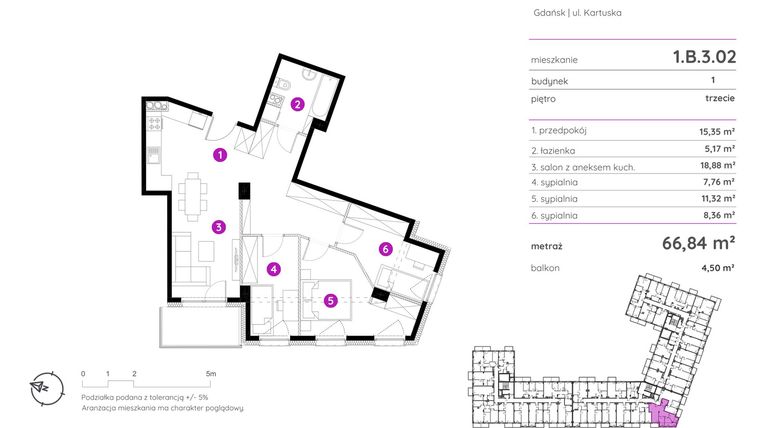 Rzut - Mieszkanie na sprzedaż 4 pokoje o powierzchni 66,84 m² - numer 1.B.3.02 w Murapol Scarpa