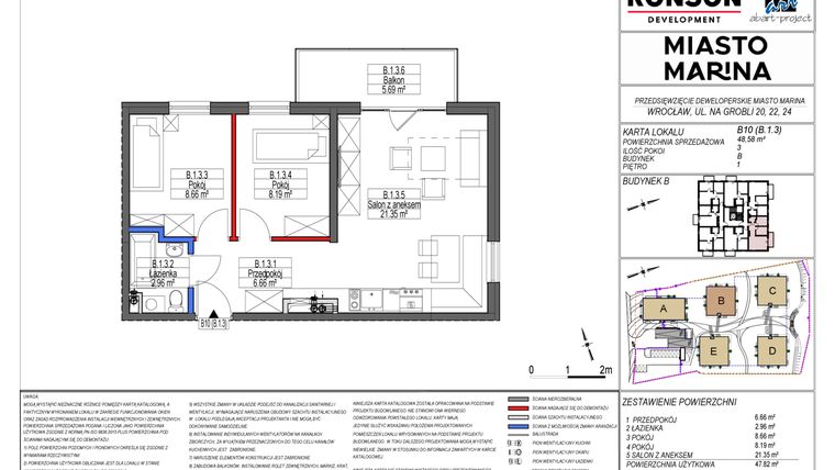 Rzut - Mieszkanie na sprzedaż 3 pokoje o powierzchni 48,58 m² - numer B010 w Miasto Marina