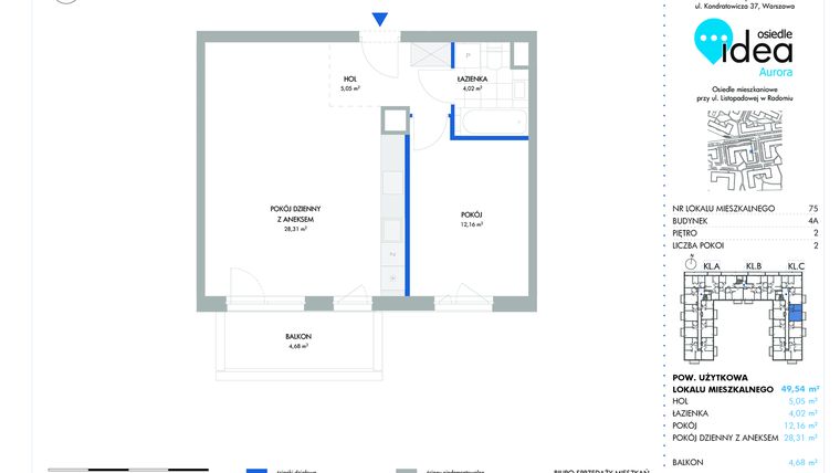 Rzut - Mieszkanie na sprzedaż 2 pokoje o powierzchni 49,56 m² - numer 75.4A w Osiedle Idea Aurora