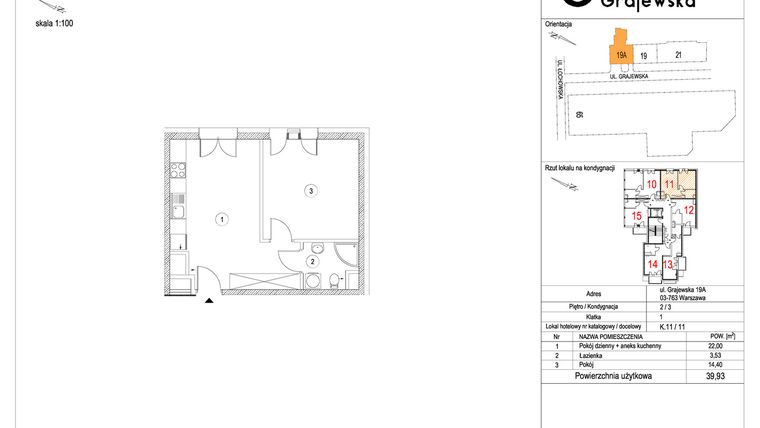 Rzut - Mieszkanie na sprzedaż 2 pokoje o powierzchni 39,93 m² - numer M-11 w Apartamenty Grajewska