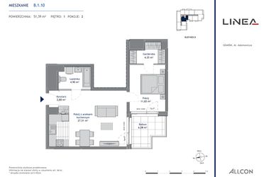 Rzut - Mieszkanie na sprzedaż 2 pokoje o powierzchni 51,39 m² - numer B.1.10 w Linea