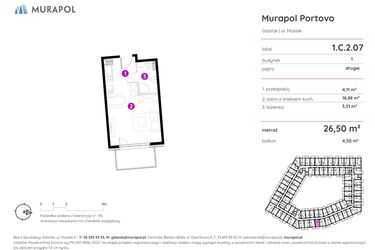 Rzut - Mieszkanie na sprzedaż 1 pokój o powierzchni 26,5 m² - numer 1.C.2.07 w Murapol Portovo etap II