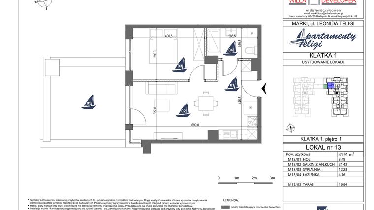 Rzut - Mieszkanie na sprzedaż 2 pokoje o powierzchni 41,91 m² - numer 13 w Apartamenty Teligi