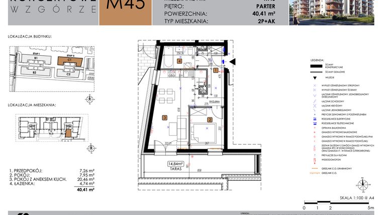 Rzut - Mieszkanie na sprzedaż 2 pokoje o powierzchni 40,41 m² - numer C1_M45/P w Koncertowe Wzgórze etap II