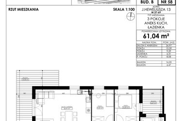 Rzut - Mieszkanie na sprzedaż 3 pokoje o powierzchni 61,04 m² - numer JAR-II-B-LM-M58 w Osiedle JAR Heweliusza etap II