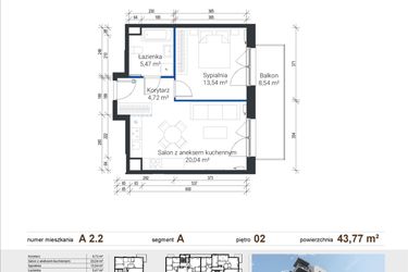 Rzut - Mieszkanie na sprzedaż 2 pokoje o powierzchni 43,77 m² - numer A 2.2 w Nowe Zabłocie