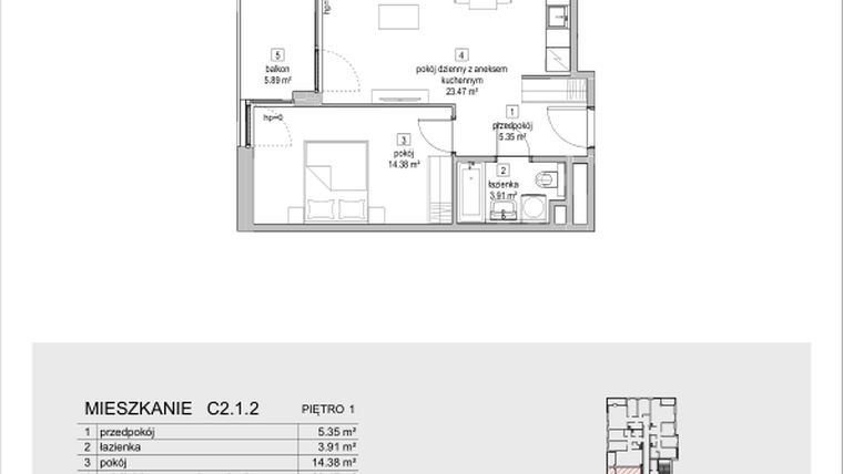 Rzut - Mieszkanie na sprzedaż 2 pokoje o powierzchni 47,11 m² - numer C2.1.2 w ATAL Symbioza IB