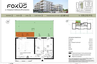 Rzut - Mieszkanie na sprzedaż 3 pokoje o powierzchni 63,88 m² - numer B2-5 w Fokus Bielany