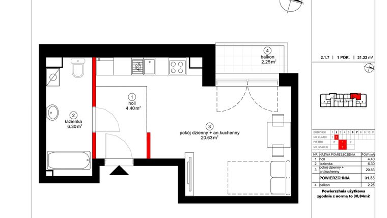Rzut - Mieszkanie na sprzedaż 1 pokój o powierzchni 30,84 m² - numer 7 w Czynu Społecznego 65F