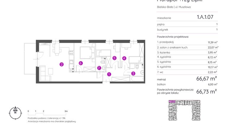Rzut - Mieszkanie na sprzedaż 4 pokoje o powierzchni 66,73 m² - numer 1.A.1.07 w Murapol Trzy Lipki