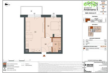 Rzut - Mieszkanie na sprzedaż 2 pokoje o powierzchni 44,21 m² - numer 14A w Ogrody Andersena