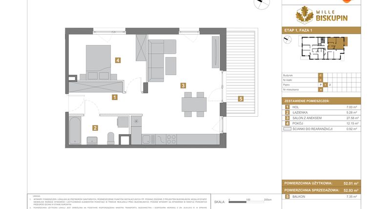 Rzut - Mieszkanie na sprzedaż 2 pokoje o powierzchni 52,93 m² - numer C.4 w Wille Biskupin