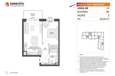 Rzut - Mieszkanie na sprzedaż 2 pokoje o powierzchni 42,44 m² - numer B4.13 w Osiedle Przy Błoniach 3 etap III