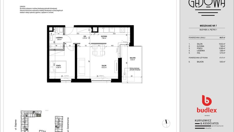 Rzut - Mieszkanie na sprzedaż 2 pokoje o powierzchni 49,07 m² - numer 7 w Gajowa bud. A