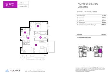 Rzut - Mieszkanie na sprzedaż 2 pokoje o powierzchni 53,53 m² - numer 28.B.2.5 w Murapol Siewierz Jeziorna bud. 27 i 28