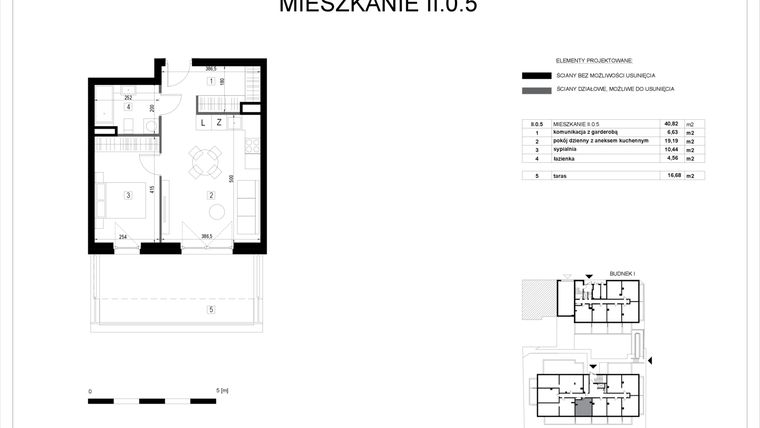 Rzut - Mieszkanie na sprzedaż 2 pokoje o powierzchni 40,82 m² - numer II.0.5 w Pryncypalna 66