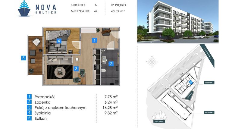 Rzut - Mieszkanie na sprzedaż 2 pokoje o powierzchni 40,09 m² - numer A62 w Nova Baltica Mieszkania Kołobrzeg