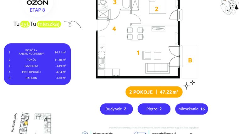 Rzut - Mieszkanie na sprzedaż 2 pokoje o powierzchni 47,22 m² - numer 2.16 w Osiedle Ozon etap VIII
