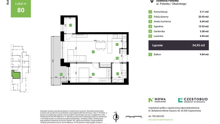 Rzut - Mieszkanie na sprzedaż 2 pokoje o powierzchni 54,93 m² - numer C1-80 w Nowa Częstochowa