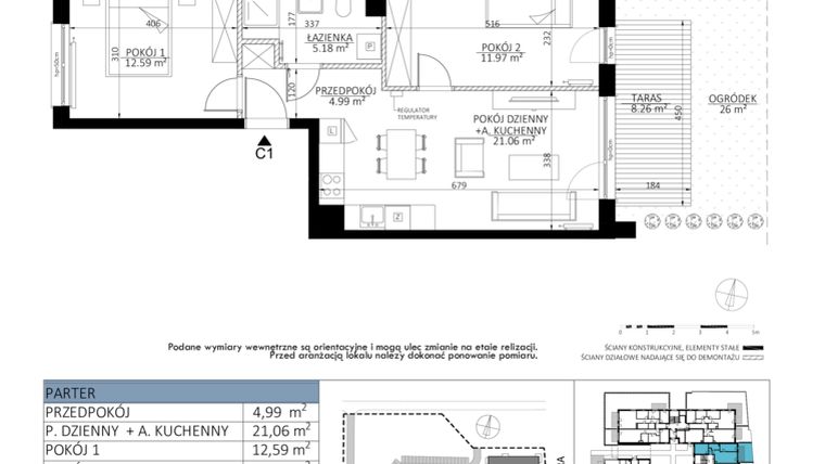 Rzut - Mieszkanie na sprzedaż 3 pokoje o powierzchni 55,8 m² - numer C.1 w Porto Łeba