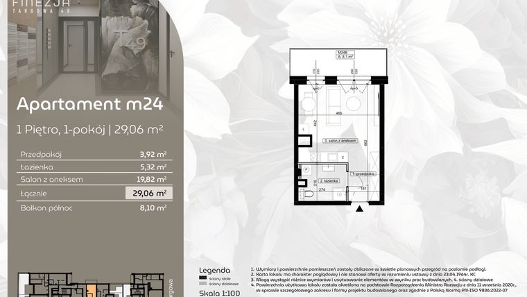 Rzut - Mieszkanie na sprzedaż 1 pokój o powierzchni 29,06 m² - numer M24 w Finezja Targowa 49