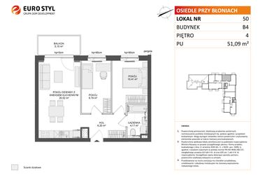 Rzut - Mieszkanie na sprzedaż 3 pokoje o powierzchni 51,09 m² - numer B4.50 w Osiedle Przy Błoniach 3 etap III