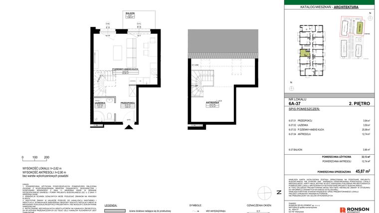 Rzut - Mieszkanie na sprzedaż 2 pokoje o powierzchni 45,87 m² - numer 6A-37 w Nowa Północ etap 2A