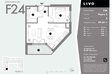 Rzut - Mieszkanie na sprzedaż 2 pokoje o powierzchni 39,25 m² - numer F24 w Livo